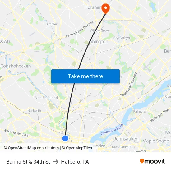 Baring St & 34th St to Hatboro, PA map
