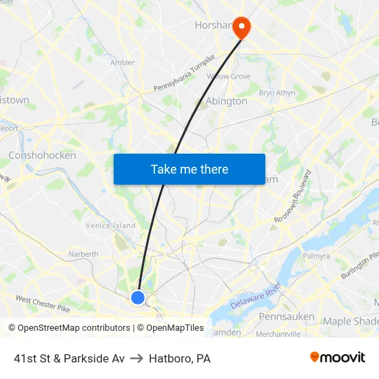41st St & Parkside Av to Hatboro, PA map