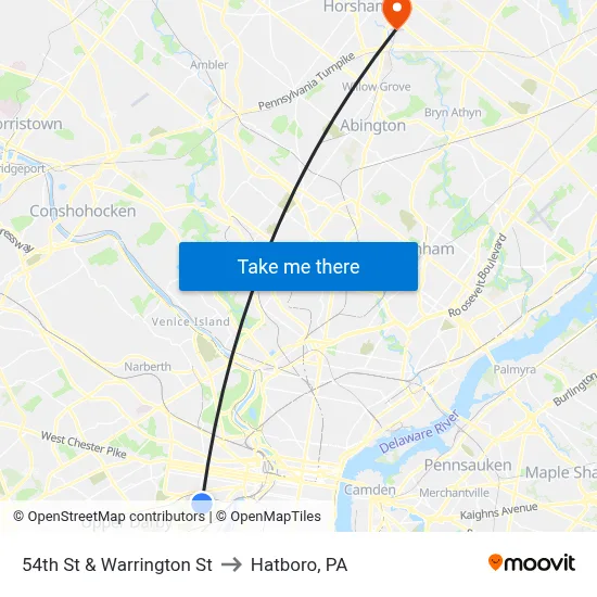 54th St & Warrington St to Hatboro, PA map