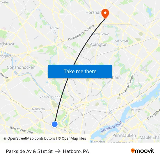 Parkside Av & 51st St to Hatboro, PA map
