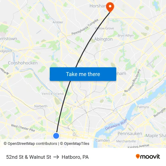 52nd St & Walnut St to Hatboro, PA map