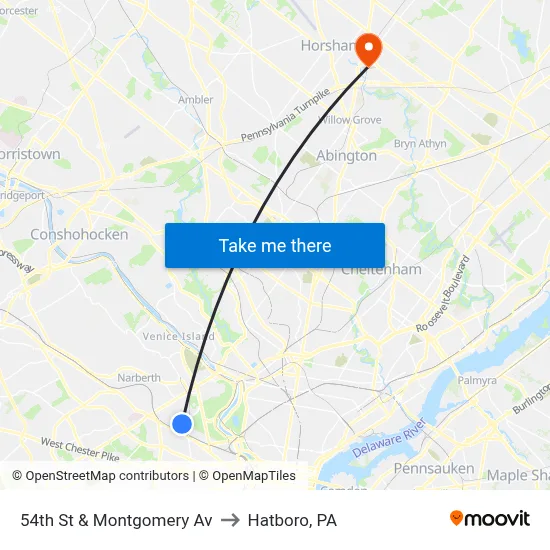54th St & Montgomery Av to Hatboro, PA map