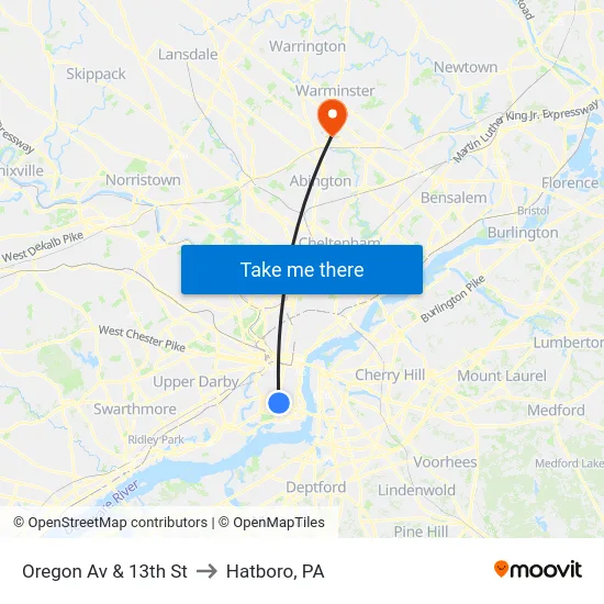 Oregon Av & 13th St to Hatboro, PA map