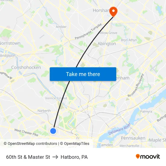 60th St & Master St to Hatboro, PA map