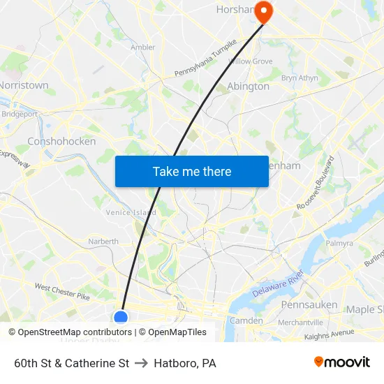 60th St & Catherine St to Hatboro, PA map