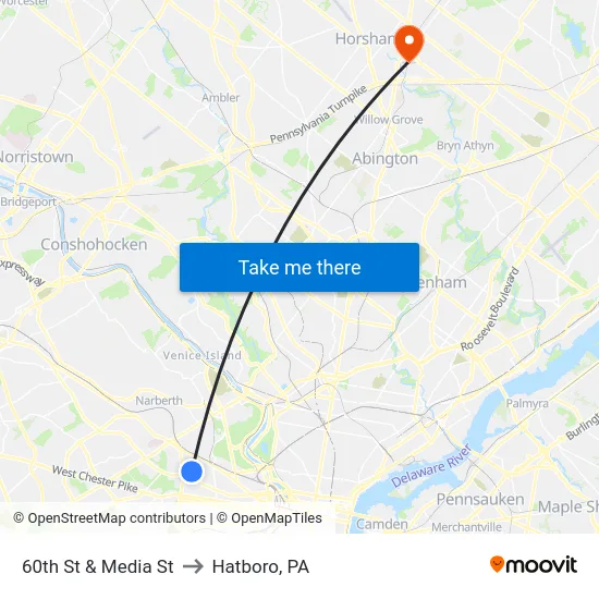 60th St & Media St to Hatboro, PA map