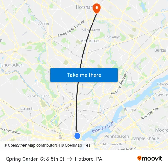 Spring Garden St & 5th St to Hatboro, PA map