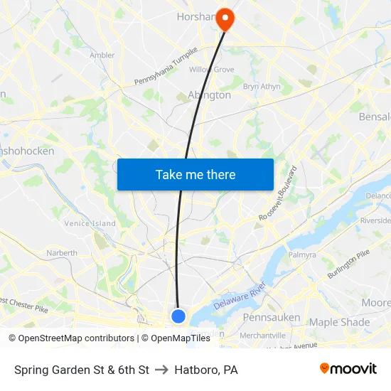 Spring Garden St & 6th St to Hatboro, PA map