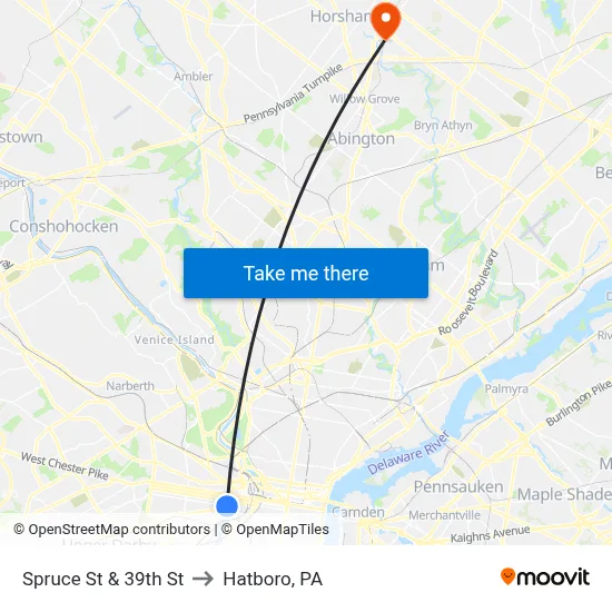Spruce St & 39th St to Hatboro, PA map