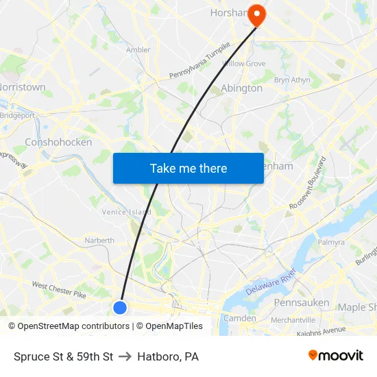 Spruce St & 59th St to Hatboro, PA map