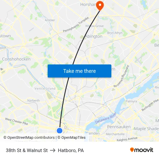 38th St & Walnut St to Hatboro, PA map