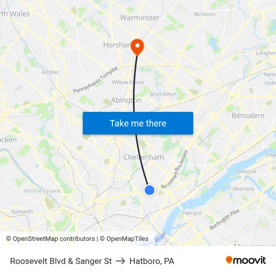 Roosevelt Blvd & Sanger St to Hatboro, PA map