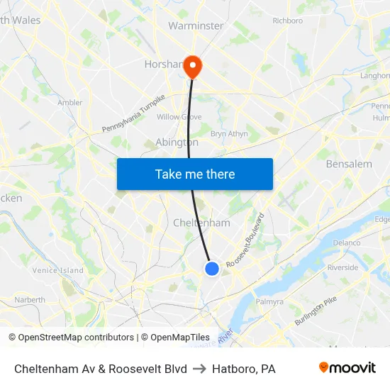 Cheltenham Av & Roosevelt Blvd to Hatboro, PA map