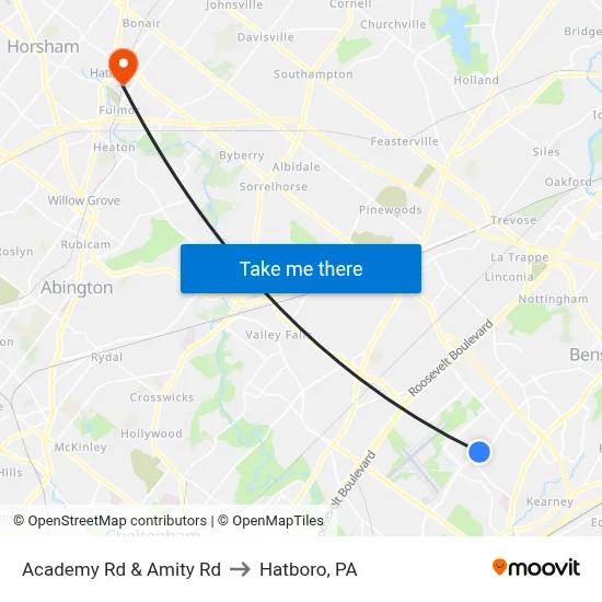 Academy Rd & Amity Rd to Hatboro, PA map