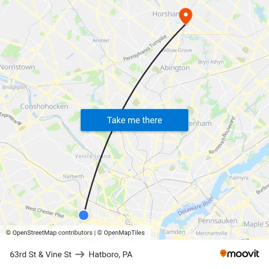 63rd St & Vine St to Hatboro, PA map