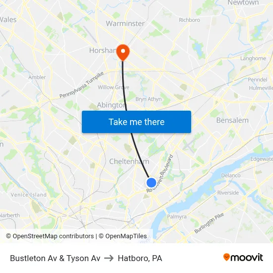 Bustleton Av & Tyson Av to Hatboro, PA map