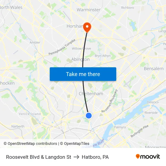 Roosevelt Blvd & Langdon St to Hatboro, PA map