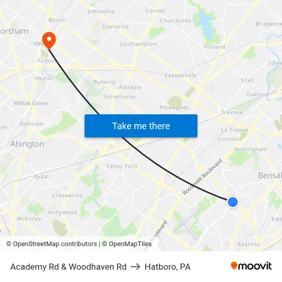 Academy Rd & Woodhaven Rd to Hatboro, PA map