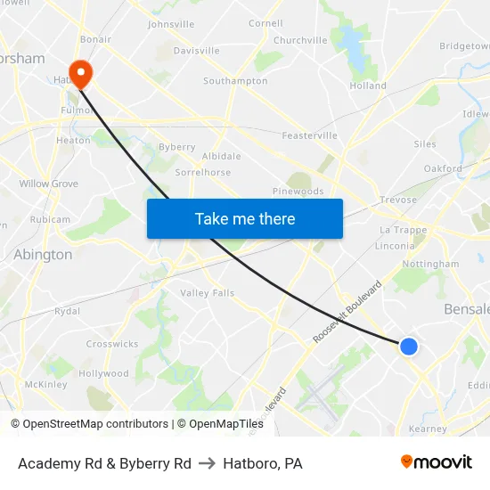 Academy Rd & Byberry Rd to Hatboro, PA map