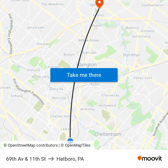 69th Av & 11th St to Hatboro, PA map