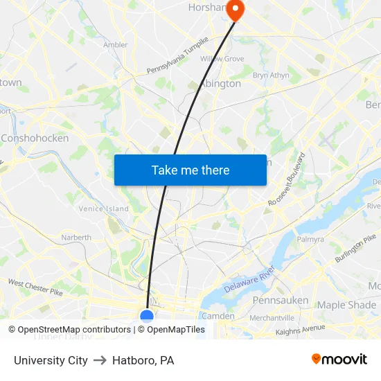 University City to Hatboro, PA map