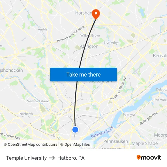 Temple University to Hatboro, PA map