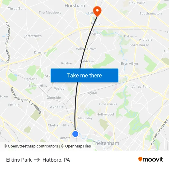 Elkins Park to Hatboro, PA map