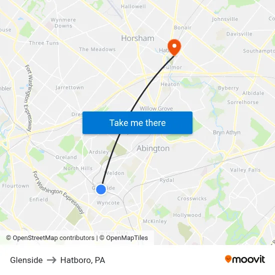 Glenside to Hatboro, PA map
