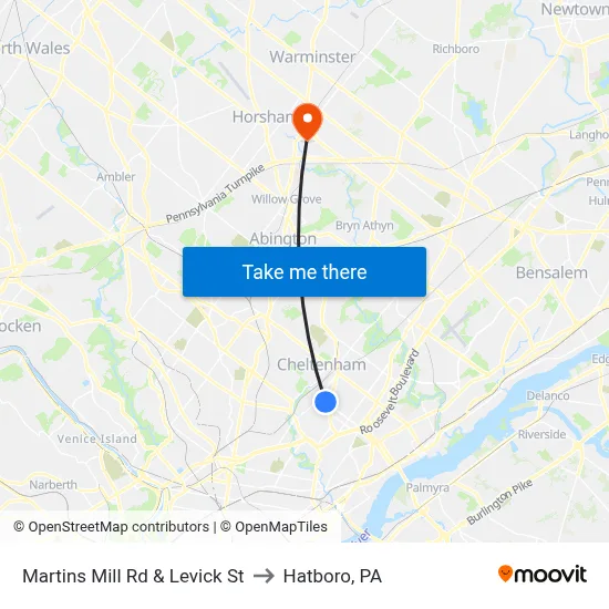 Martins Mill Rd & Levick St to Hatboro, PA map