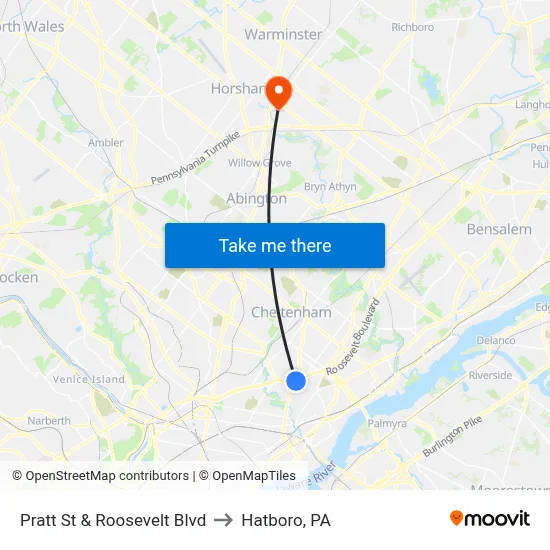 Pratt St & Roosevelt Blvd to Hatboro, PA map