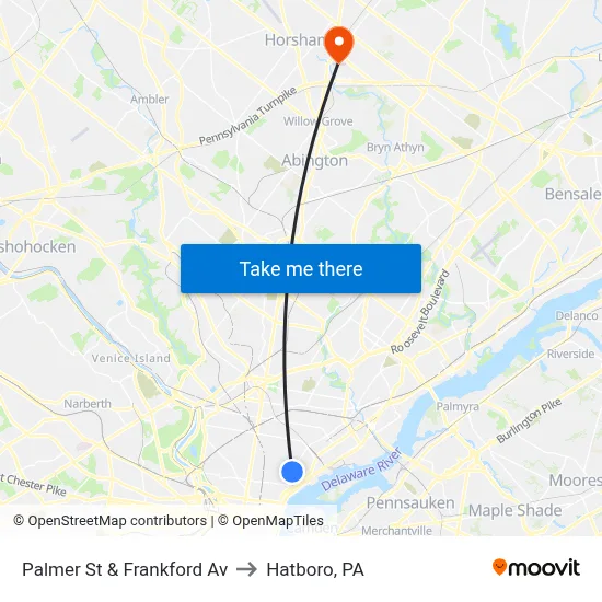 Palmer St & Frankford Av to Hatboro, PA map
