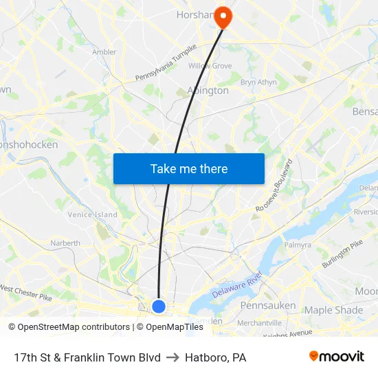 17th St & Franklin Town Blvd to Hatboro, PA map
