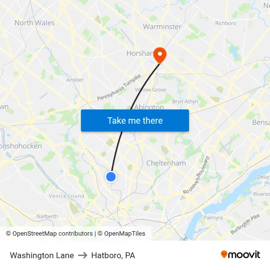 Washington Lane to Hatboro, PA map