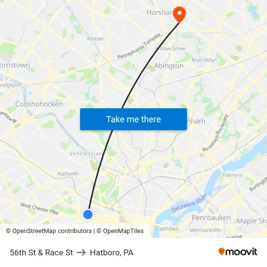 56th St & Race St to Hatboro, PA map