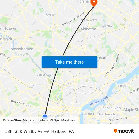 58th St & Whitby Av to Hatboro, PA map