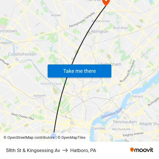 58th St & Kingsessing Av to Hatboro, PA map