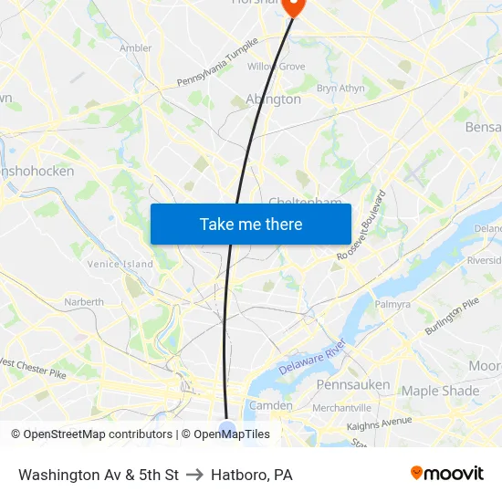 Washington Av & 5th St to Hatboro, PA map