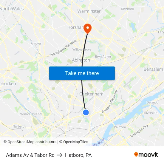 Adams Av & Tabor Rd to Hatboro, PA map