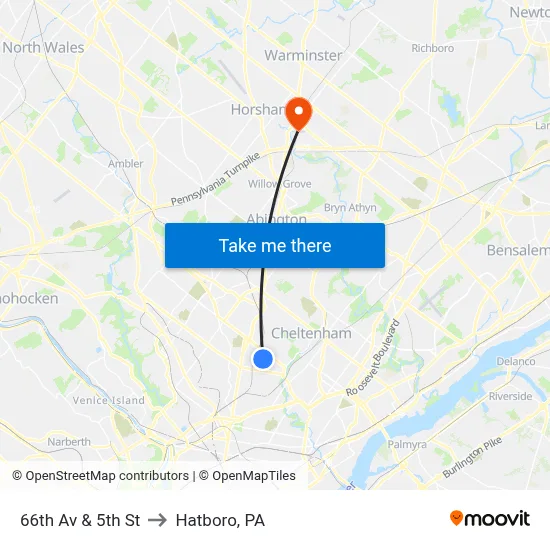66th Av & 5th St to Hatboro, PA map