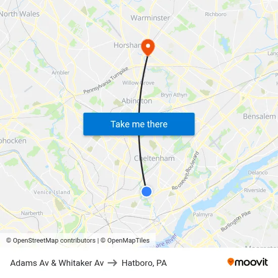 Adams Av & Whitaker Av to Hatboro, PA map