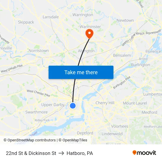 22nd St & Dickinson St to Hatboro, PA map