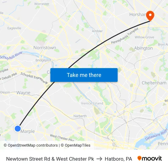 Newtown Street Rd & West Chester Pk to Hatboro, PA map