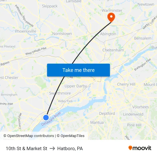10th St & Market St to Hatboro, PA map
