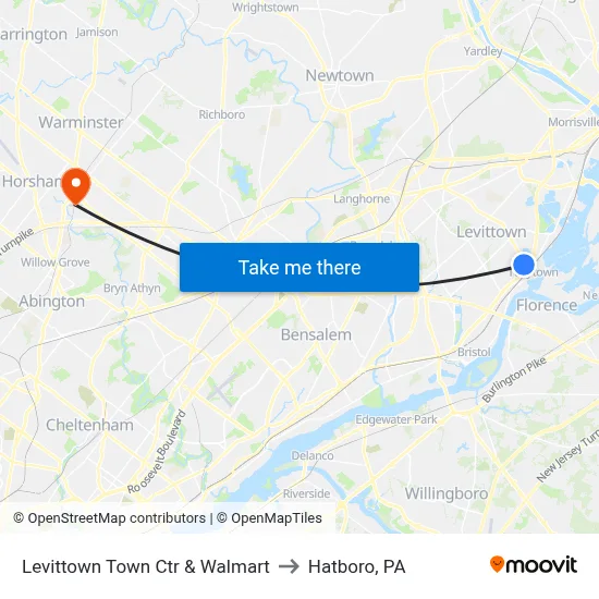 Levittown Town Ctr & Walmart to Hatboro, PA map