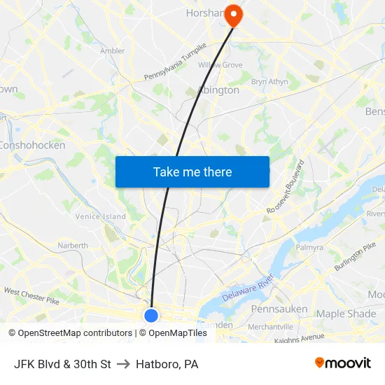 JFK Blvd & 30th St to Hatboro, PA map