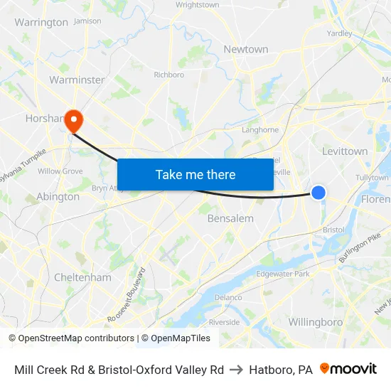 Mill Creek Rd & Bristol-Oxford Valley Rd to Hatboro, PA map