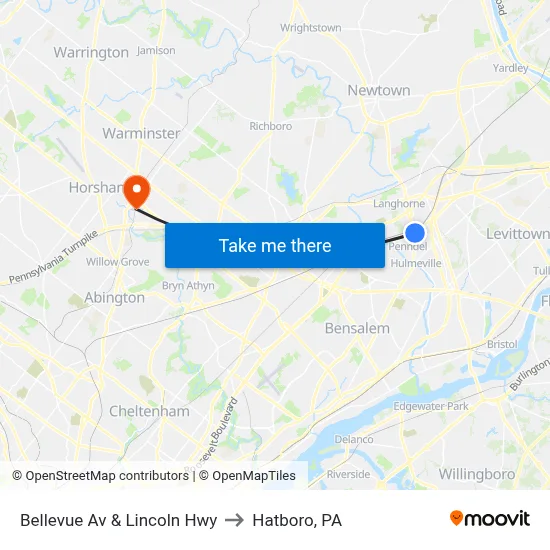 Bellevue Av & Lincoln Hwy to Hatboro, PA map