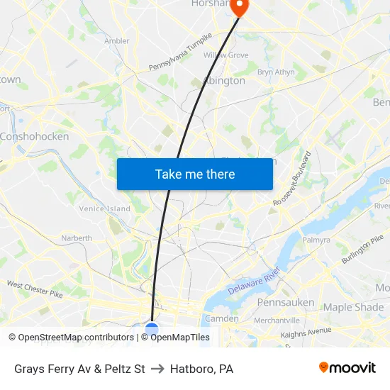 Grays Ferry Av & Peltz St to Hatboro, PA map