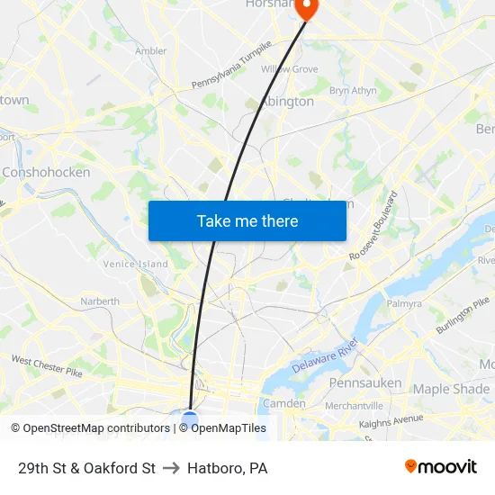 29th St & Oakford St to Hatboro, PA map
