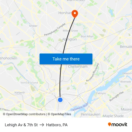 Lehigh Av & 7th St to Hatboro, PA map